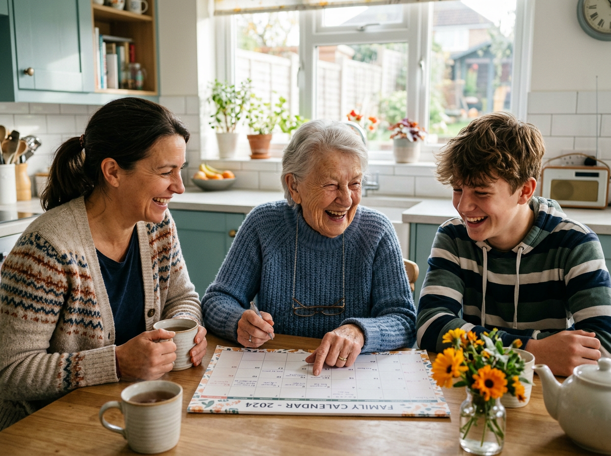 A daughter and grandson laughing with their grandmother over a calendar at the kitchen table